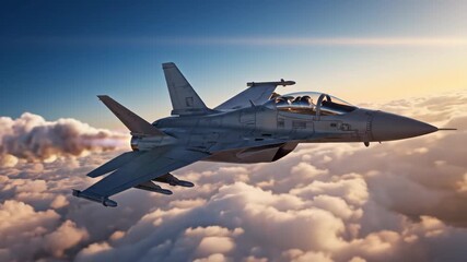 Futuristic Fighter Jet with Glowing Energy Shield Transforms into a Modern Military Warplane Above the Clouds - Powered by Adobe