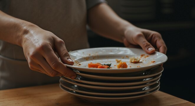 Close-up of person clearing stack of dirty plates with leftover food. Restaurant worker cleaning up after meal in kitchen