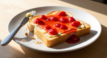 Toast with butter and strawberry jam breakfast plate
