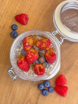 Overnight Oats with Fresh Berries, Healthy Breakfast in Natural Light