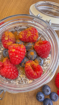 Overnight Oats with Fresh Berries, Healthy Breakfast in Natural Light