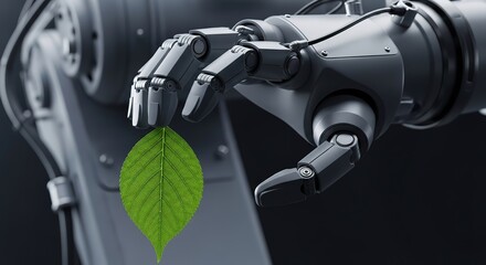 Precision robotic arm delicately holding vibrant green leaf, symbolizing future technology and environmental harmony
