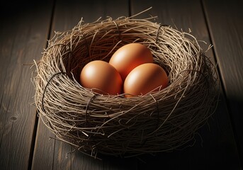 Three brown eggs nestled in a rustic birds nest on a weathered wooden surface, evoking a sense of nature and new beginnings