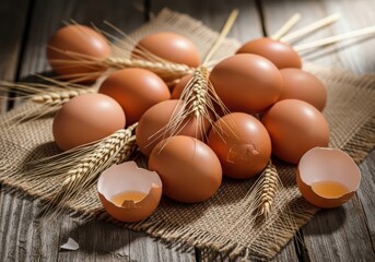Closeup of fresh brown eggs and wheat stalks scattered on a burlap cloth on a rustic wooden table