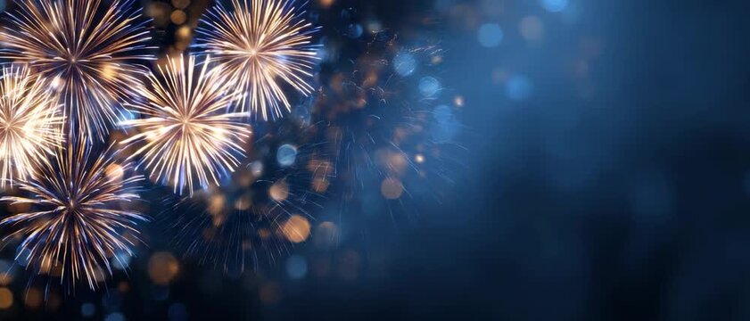 Glittering blue and gold fireworks in night sky, perfect for New Year celebration, festive event, party background, special anniversary, holiday invitation, seasonal greeting design. Panoramic video.