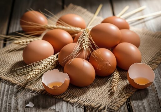 Closeup of fresh brown eggs and wheat stalks scattered on a burlap cloth on a rustic wooden table
