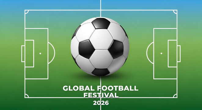 Soccer ball on a grassy field, graphic design for a global football festival in 2026