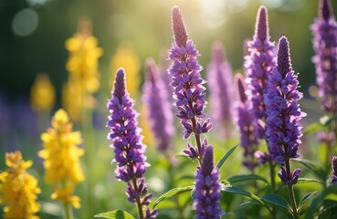 Fototapeta premium Purple veronica flowers bloom in a sunlit summer garden. Soft light illuminates the delicate petals against a blurred background of green leaves and yellow blossoms. Peaceful natural scene.