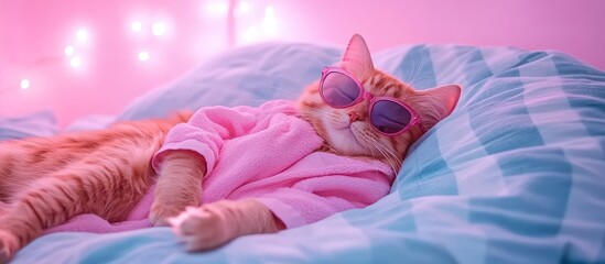 Relaxed orange tabby cat in a pink robe and sunglasses, on a blue bed