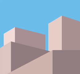 Abstract minimal building with blue sky background. Geometric Modern Architecture Illustration. Minimal Colorful Building on a Sunny Day. Abstract Shapes and Flat colorful building Design. Modern art.