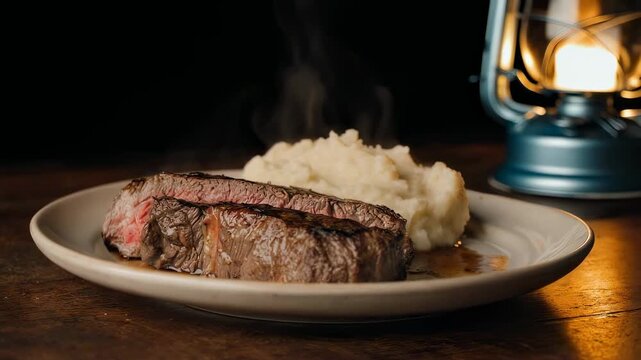 A perfectly grilled steak, sliced to reveal a juicy pink center, served with a side of creamy mashed potatoes on a rustic wooden table
