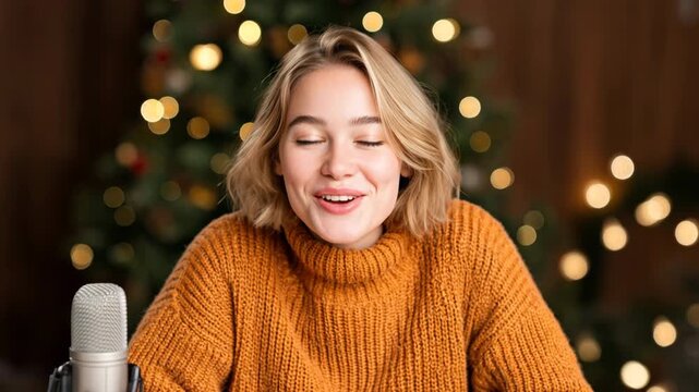 Podcast Christmas Theme, Cheerful young woman smiling cozy sweater with festive background of blurred lights and microphone