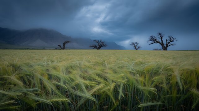 Wheat field under a dramatic sky with trees in the distance - Powered by Adobe