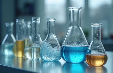 Laboratory glassware containing colored liquids. Beakers and flasks show bubbling reactions. Science research and pharma industry development.