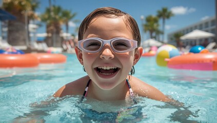 Child Enjoying Swimming and Playing in a Bright Pool on a Sunny Day With Colorful Inflatable Toys