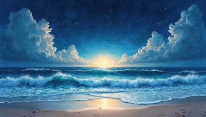 Artistic sunrise paints the sea with soft light. Crashing ocean waves meet sandy shore under starry night sky. Dramatic clouds frame horizon, inviting calm and contemplation.