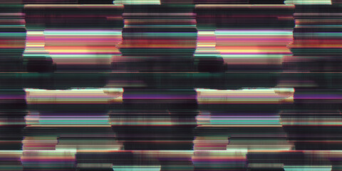 Seamless abstract pattern in the form of distorted horizontal stripes and multicolor digital noise to create a modern futuristic cyberpunk background and design.