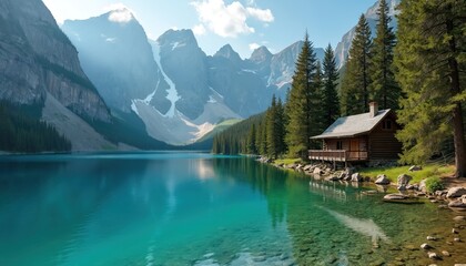 Log cabin rests beside clear turquoise mountain lake. Tall green pine trees line shore. Majestic rocky peaks rise behind calm water surface. Sunny summer day.