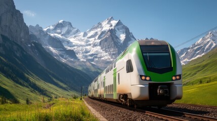 Obraz premium Modern high speed train, Train traveling through a scenic mountainous landscape.