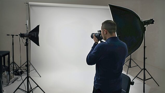 Young Man Sitting for a Photoshoot in a Studio With Soft Lighting and a Neutral Backdrop