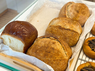 Artisan bread loaves in bakery tray. Fresh baking, homemade flavor, and simplicity of natural ingredients.
