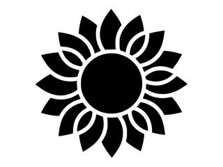 Vector isolated black sunflower silhouette with a bold circular center and stylized layered petals on a clean white background.
