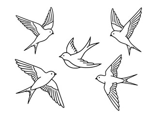 Vector isolated black-and-white line drawing of five swallows in varied flying poses — a simple outline illustration ideal for coloring, tattoos, or design.