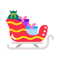 A flat style icon showing santa sleigh with gifts 