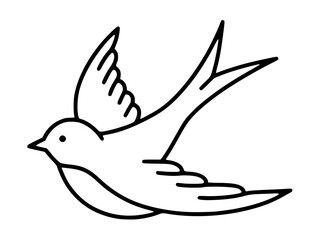 Vector isolated one single minimal black-line drawing of a flying swallow in profile — a simple outline illustration suitable for coloring, tattoos, logos, or icons.