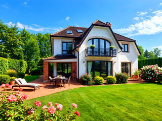 The exterior of a detached home featuring a beautiful garden.