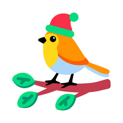 Flat style icon showing small winter sparrow perched on a branch 
