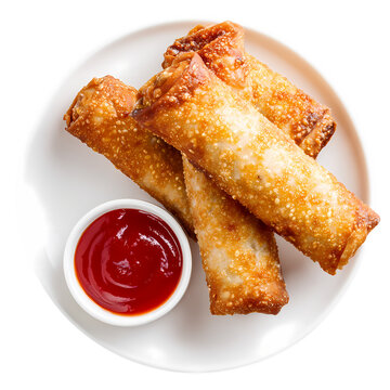 4 golden-brown egg rolls on white plate with ketchup isolated on transparent background