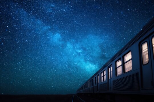 Modern high speed train, Train passing under a starry sky with vibrant colors.