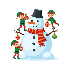 Cute Elves Decorating a Large Snowman with Ornaments and Festive Attire for Winter Display