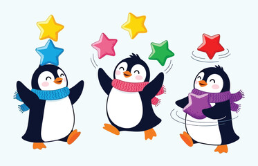 Cheerful Penguins Juggling Colorful Stars Festive Winter Performance Display