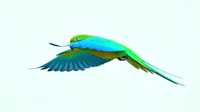 A parrot bird flying in the middle on a pure clean white chroma key background