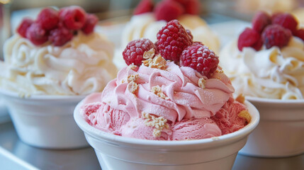 A vibrant summer scene of ice cream and desserts in a restaurant setting, capturing tempting textures, colorful details, and the joyful indulgence of seasonal treats.

