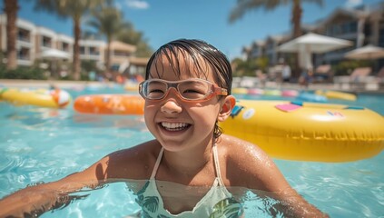 Child Enjoying Swimming and Playing in a Bright Pool on a Sunny Day With Colorful Inflatable Toys