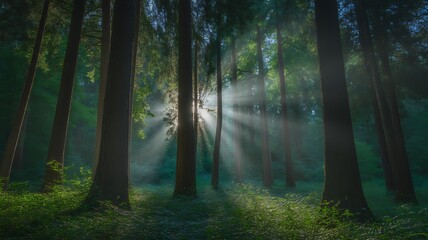 Obraz premium Sunlight streams through trees in a forest, creating a magical atmosphere
