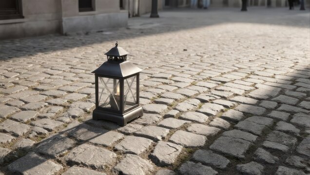 Vintage lantern on cobblestone street casting long shadows.