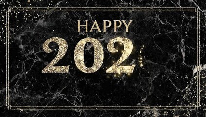 Happy 2026 New Year greeting on black marble with gold glitter animation - Powered by Adobe