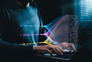 Data processing and big data analytics concept. Binary code streams and data flow. Ideal for AI artificial intelligence, machine learning, data science, programming and digital transformation content.