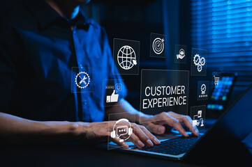 Customer experience management concept. Digital interface with icons of service, feedback, and satisfaction. representing marketing strategy, CRM, user engagement and customer-centric business model.