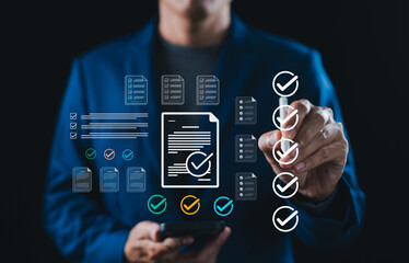 Businessman checking off digital checklist and documents on virtual interface. Perfect for task management, workflow process, productivity, audit, compliance, and digital transformation themes.