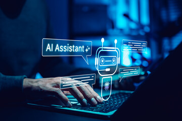 AI assistant chatbot concept. Person using laptop with robot icons and message bubbles, symbolizing...