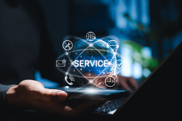 Global digital service concept. Icons of support, communication, 24/7 assistance on virtual screen. symbolizing online helpdesk, customer support, IT services, troubleshooting and business solutions.