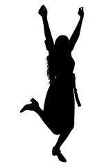 Woman silhouette jumping with arms raised, expressing joy celebrating success. Vector illustration