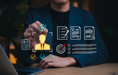 Digital recruitment and candidate selection concept. virtual resume review, checklist, and HR analytics. Ideal for hiring process, talent acquisition, evaluation and human resource management systems.