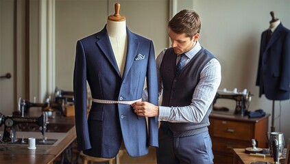 Tailor Measuring a Suit Jacket in a Custom Clothing Workshop During the Day