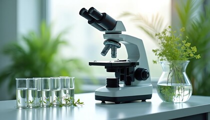 Microscope on table with plants in glass vials near window. Lab equipment for botany research or plant study. Natural science experiment on greenery.